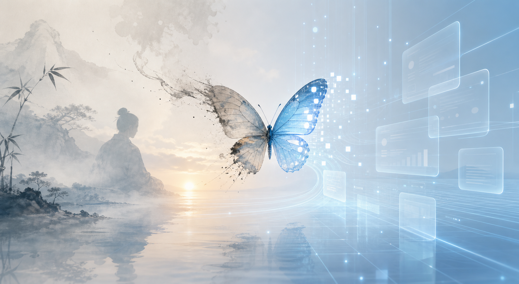 Butterfly crossing between dreamlike ancient philosophy and an AI-era digital reality