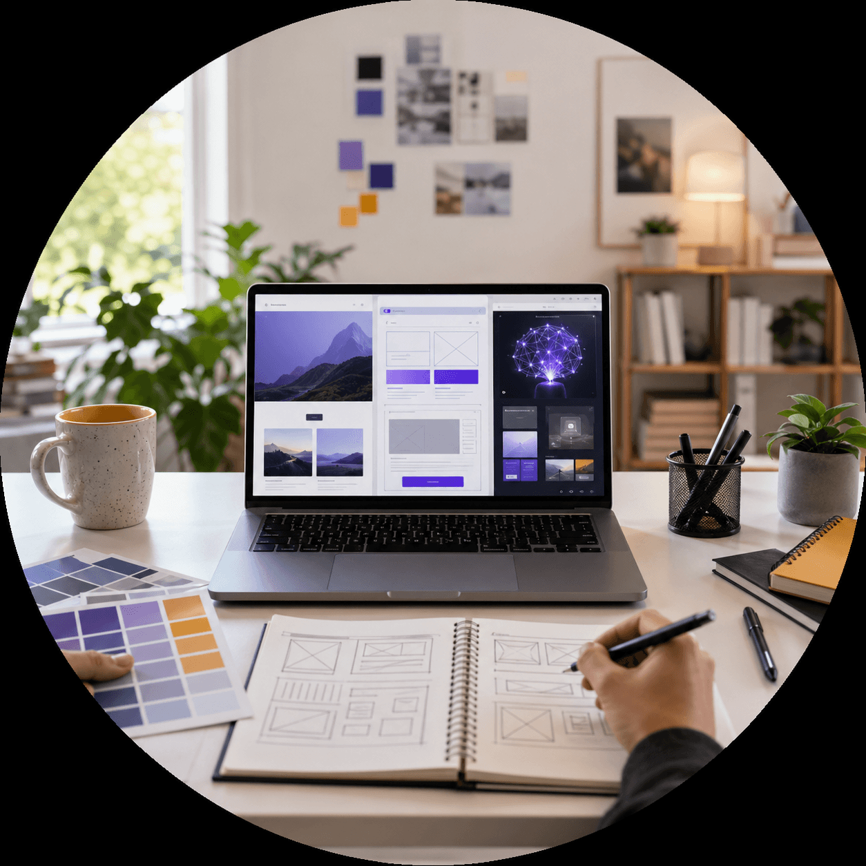 Web design workspace with laptop, sketches, and AI design tools