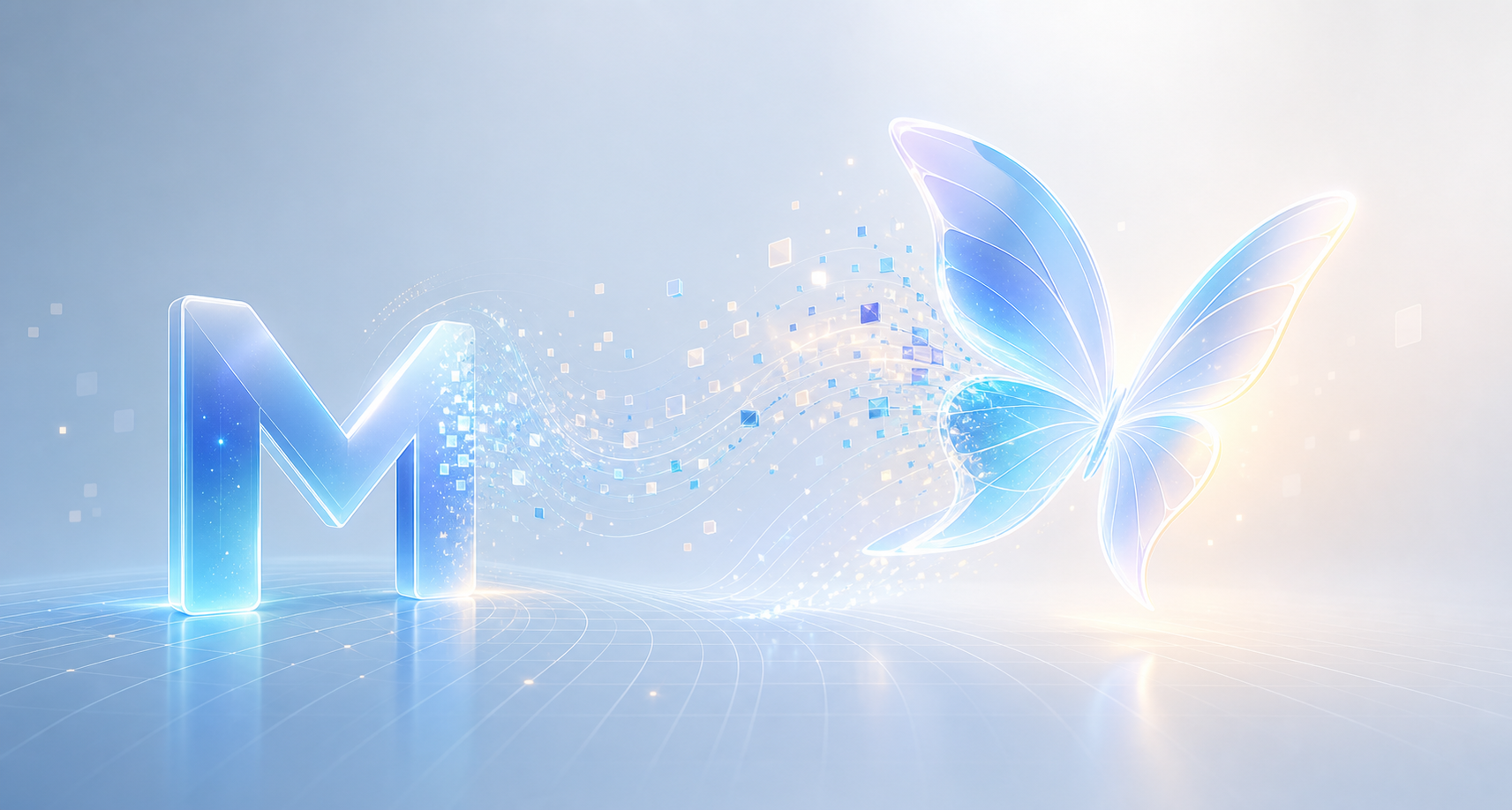 The letter M transforming into a butterfly as a DigitalMaster identity symbol