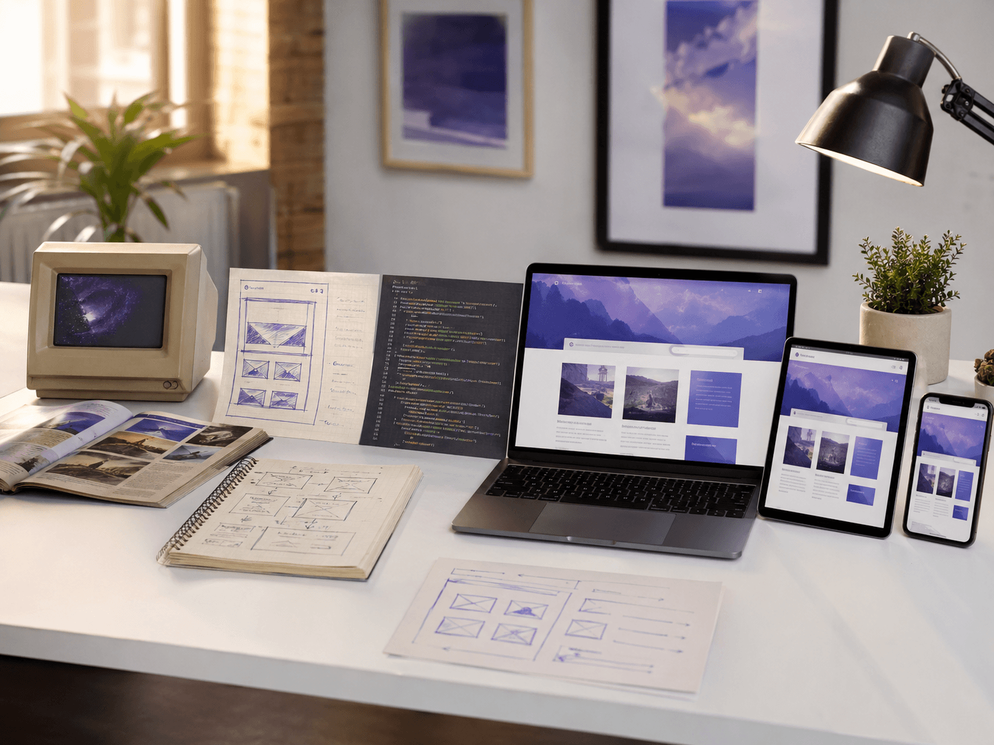 Modern web design planning with responsive website screens and strategy notes