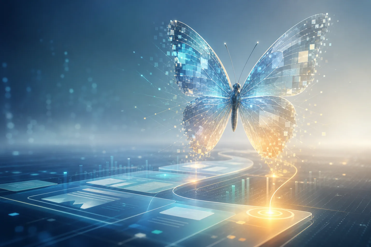 Digital butterfly emerging above a structured website path toward visitor action